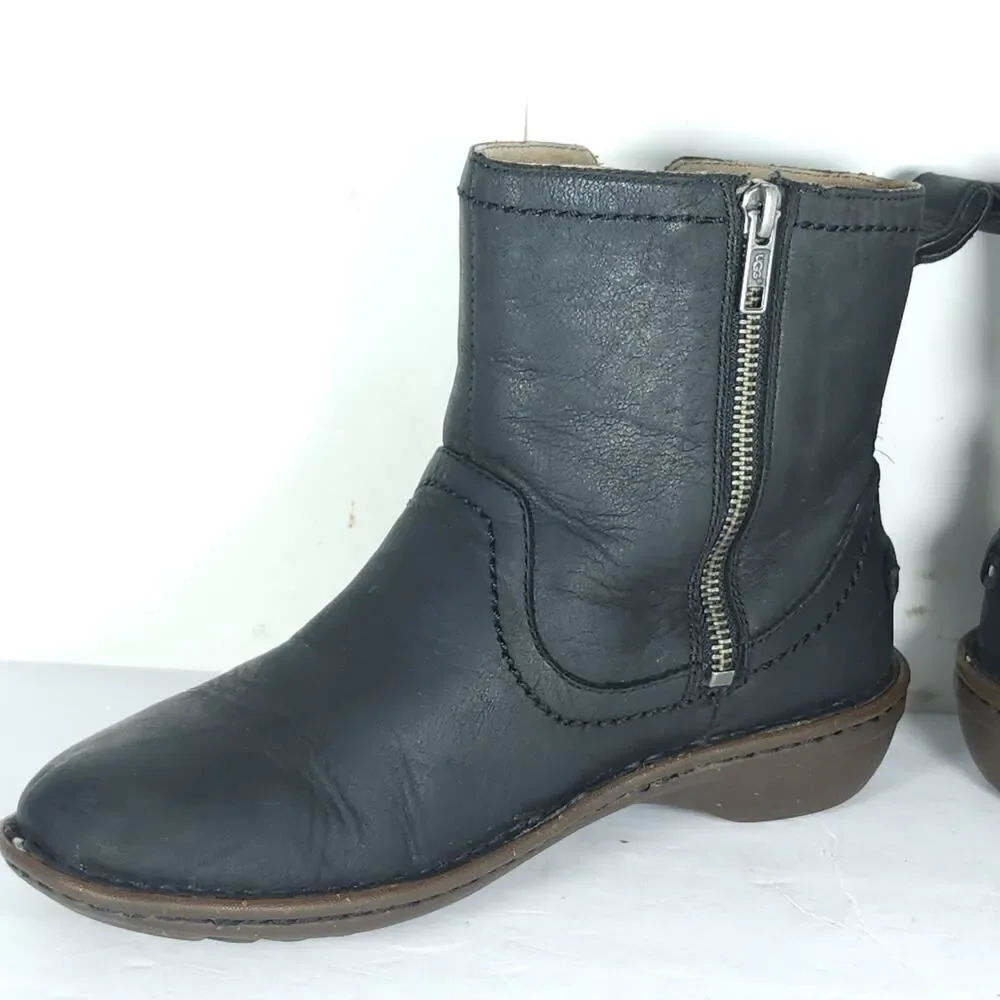 UGG Women's Neevah US6 Black Leather Sheepskin Lined Side Zip Ankle Boots Bootie